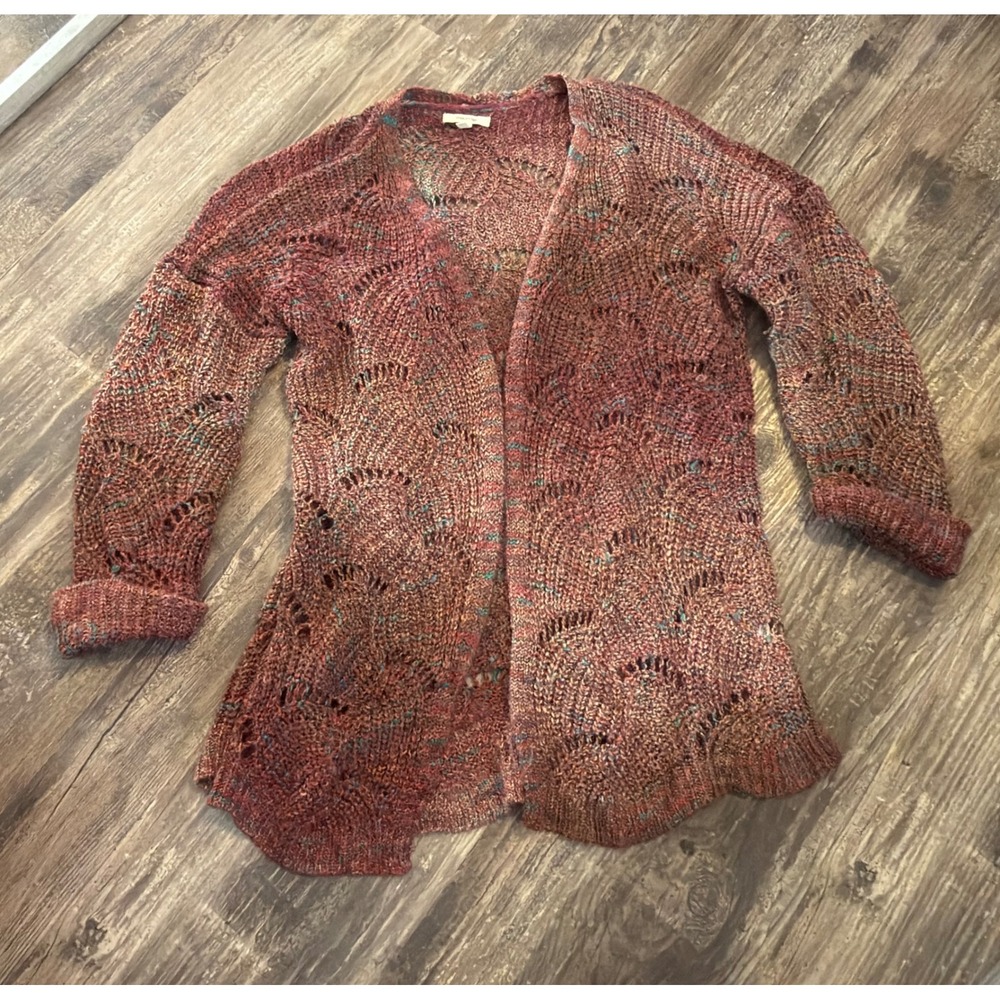 Maurices Womens Space Dye Open Front Cardigan Pointelle Knit Sweater Burgundy M